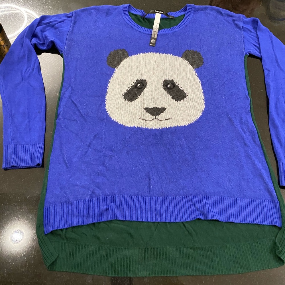 Kenzie Womens Panda Bear Sweater in Cobalt Blue Front and Green Backside Size M